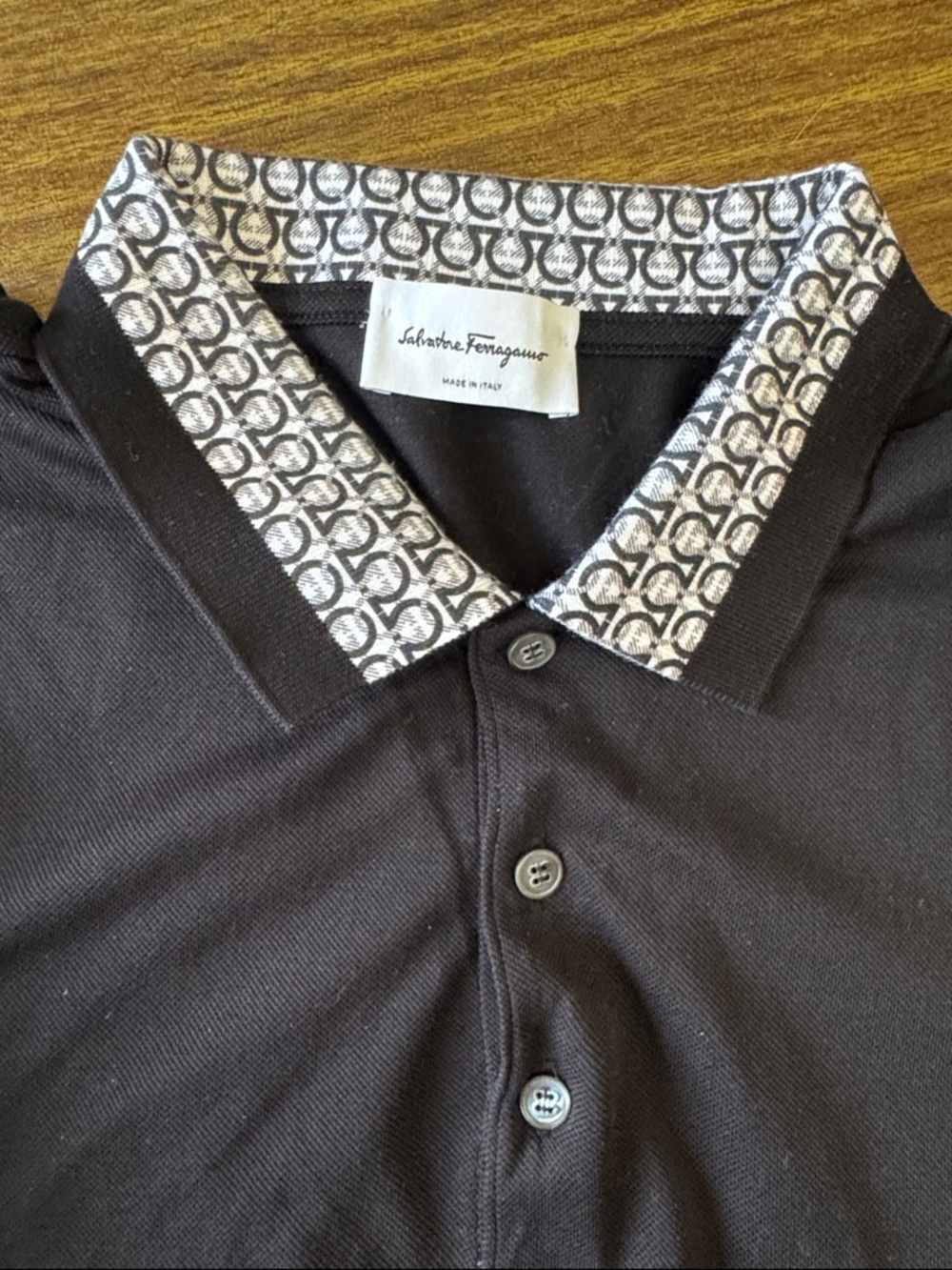 Salvatore Ferragamo Black Polo with Patterned Contrast Collar